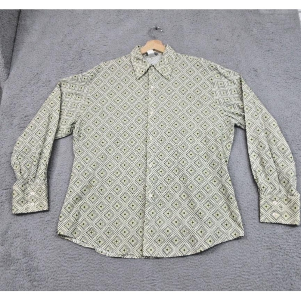 Pop Icon Shirt Men 2XL Yellow Geometric Stretch Button Front Long Sleeve Hipster